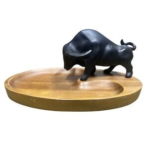 Mid Century Iwachu Japanese Cast Iron Black Bull Wood Tray Room Friend Tadahiro